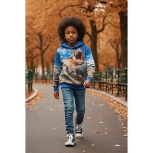Boy's T REX Dinosaur Hoodie With Pockets Sweatshirt Back Front Print Size 8-10